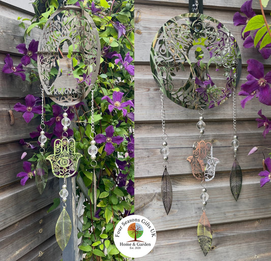Buddha & Hamsa Hand Stainless Steel Mirrored Dreamcatcher Wind Spinner Sun-catcher Hanging Garden Decorative Ornament