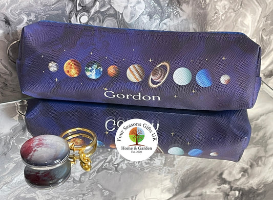 Solar System Space Themed Personalised Blue Pencil Case & Planet Keyring Back To School University College Gift Set Student Good Luck Gifts