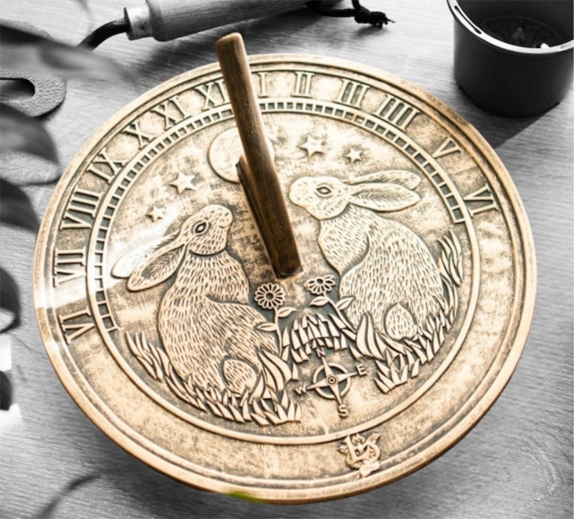 30cm Diameter Moon Gazing Hares Bronze Terracotta Sundial Garden Ornament