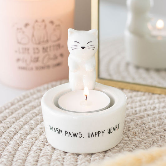 Warm Paws, Happy Heart Cat Tealight Holder – Ceramic Candle Holder Gift