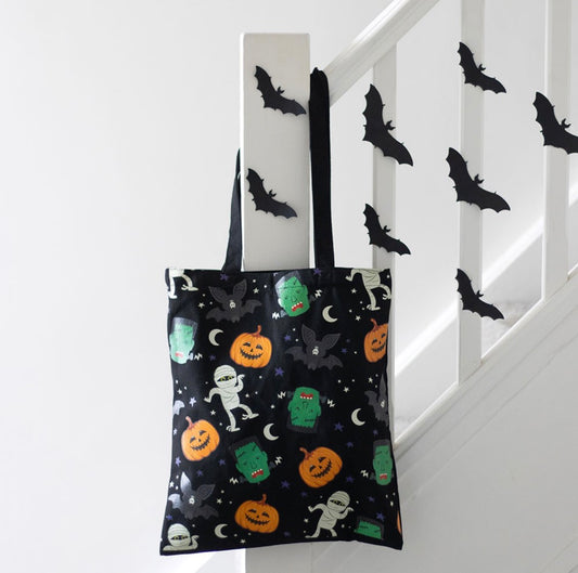 🎃 Monster Mash Halloween Tote Bag – Spooky Pumpkin, Bat & Frankenstein Print Polycotton Shopper