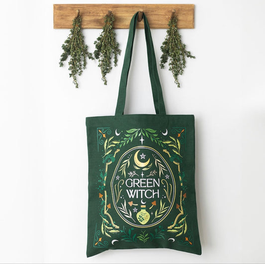 Green Witch Tote Bag – Botanical Pagan Canvas Shopper