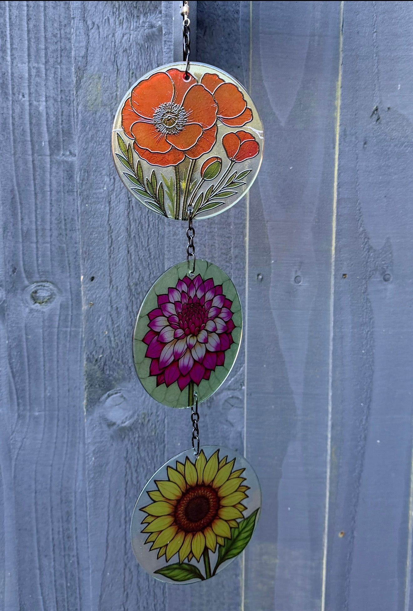 Triple Flower Suncatcher Hanging Decoration – Stained Glass Effect Floral Window or Garden Light Sun Catcher, Poppy, Dahlia & Sunflower Gift
