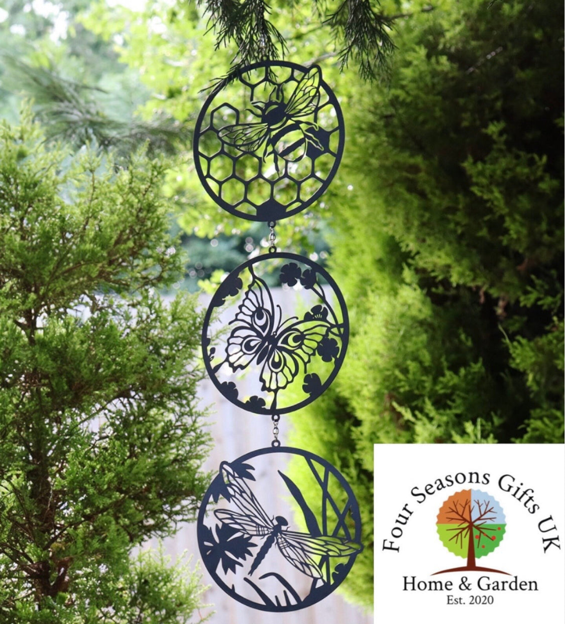 70cm Bee Butterfly & Dragonfly Design Silhouette Trio Orbit Wind Spinning Hanging Garden Decoration