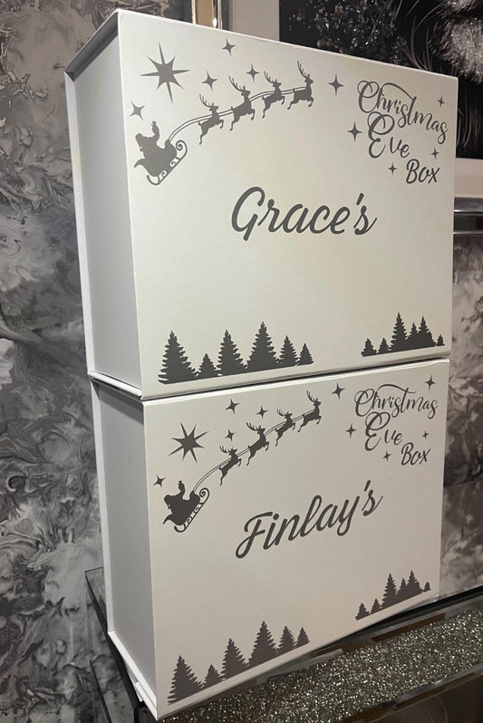 Personalised Christmas Eve Box – Luxury Magnetic Closure Box 28x22x11cm, Santa Sleigh Design, Christmas Keepsake Memory Gift Box