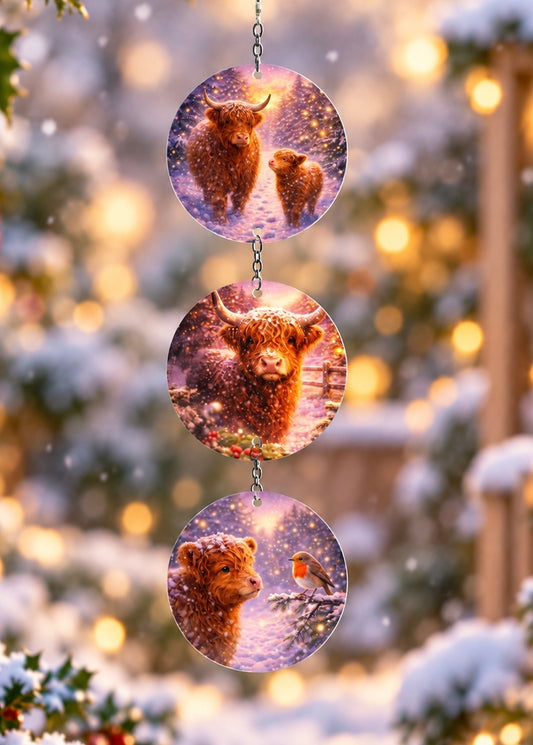 Highland Cow Christmas Triple Hanging Suncatcher – Festive Garden Decoration