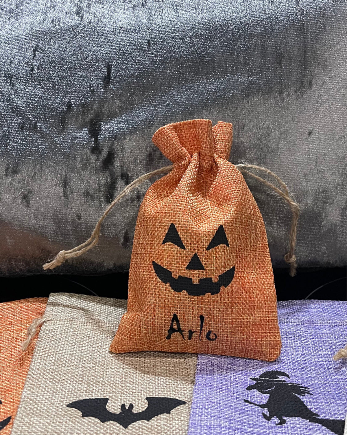 Halloween Personalised Jute Mini Sweet Treat Candy Bags.  Ideal Table Favours,  Party Bag Filler Gifts, Pumpkin Witch Spider or Bat Designs