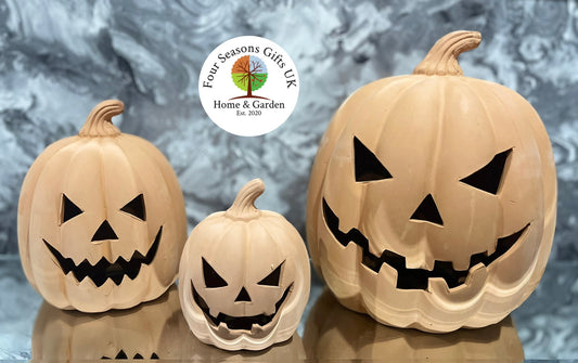Terracotta Pumpkin Jack-O-Lantern Home or Garden Tealight Candle Holder Ornament,  Spooky Halloween Characters, Autumn Decorations Gifts