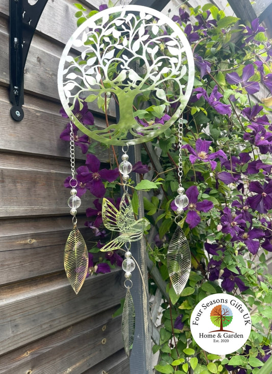 Tree of Life Birds Stainless Steel Mirrored Dreamcatcher Wind Spinner Sun-catcher Hanging Garden Decorative Ornament