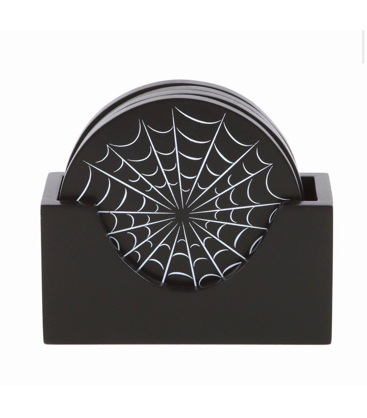 Black Spiderweb Wooden Coasters & Holder – Set of 4