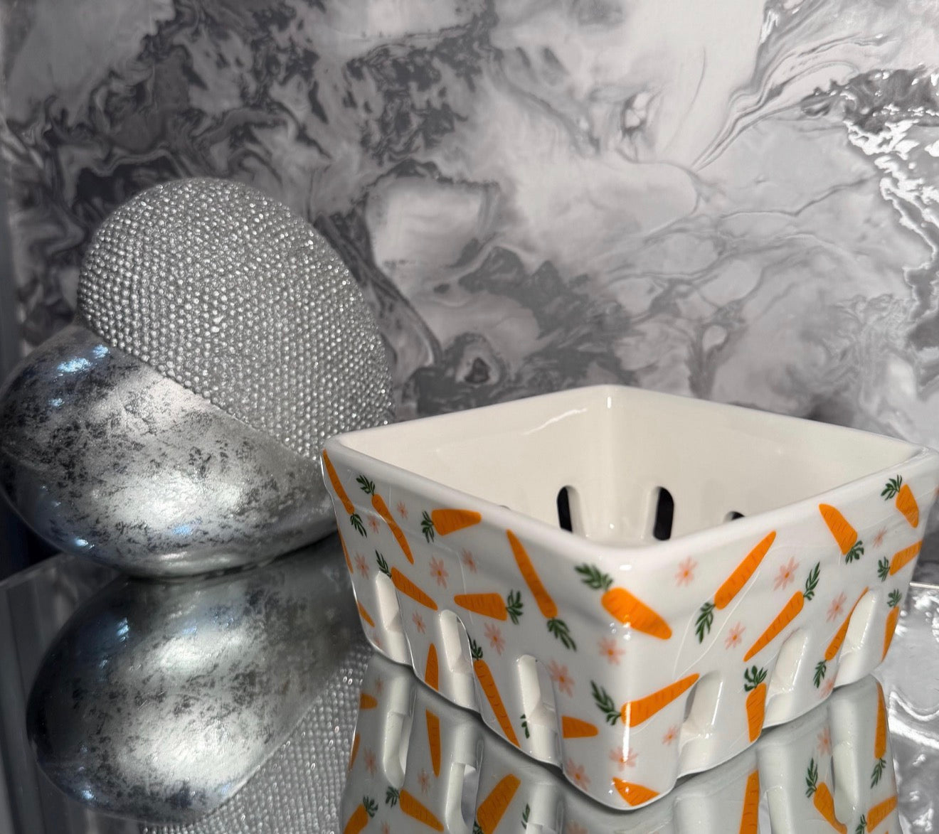 Ceramic Floral Fruit or Vegetable Carrot Basket | Decorative Veggie or Berry Holder | Cottage Garden Kitchen Storage | Carrots, Spring Flowers & Duck Goose Design
