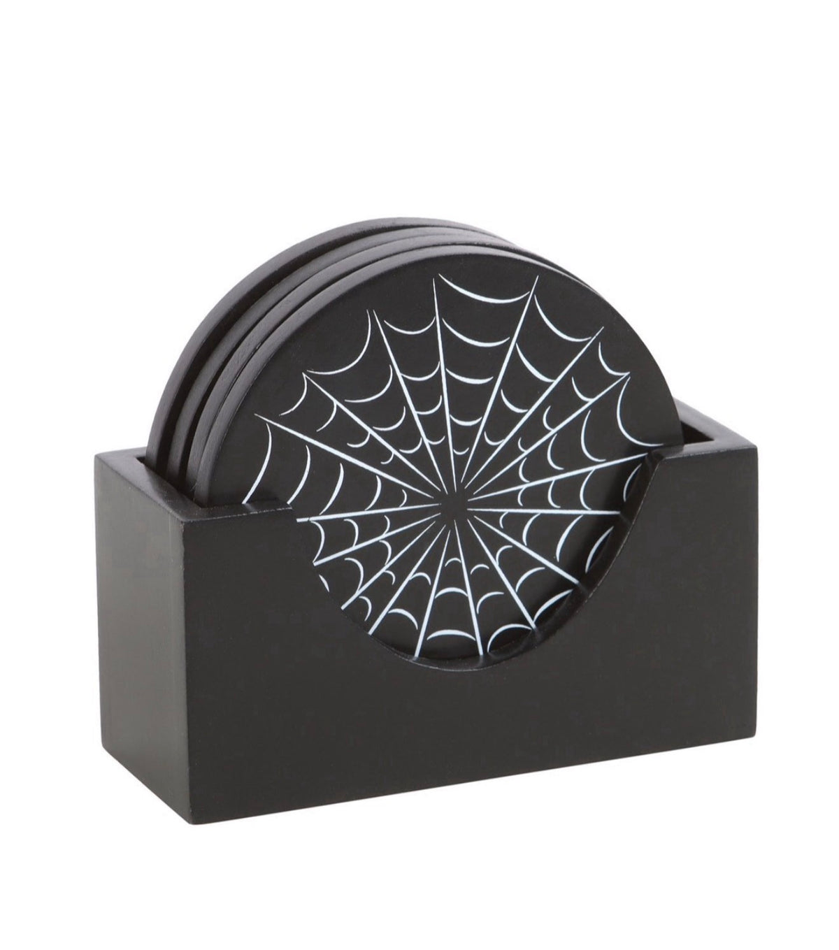 Black Spiderweb Wooden Coasters & Holder – Set of 4