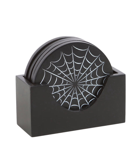 Black Spiderweb Wooden Coasters & Holder – Set of 4