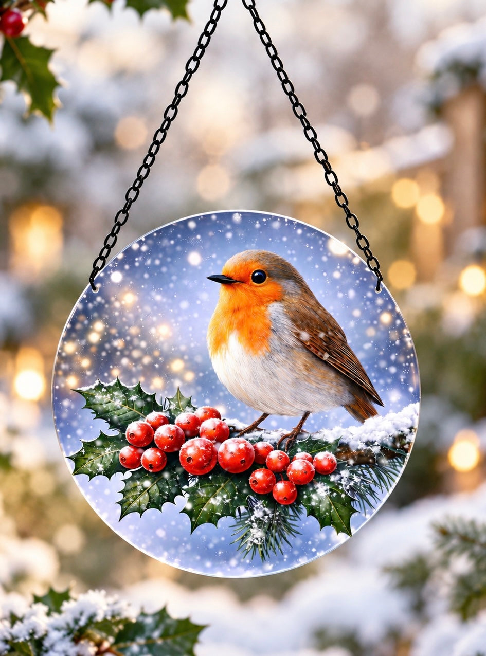 Large Round Robin Christmas Glass Suncatcher – Festive Hanging Decoration