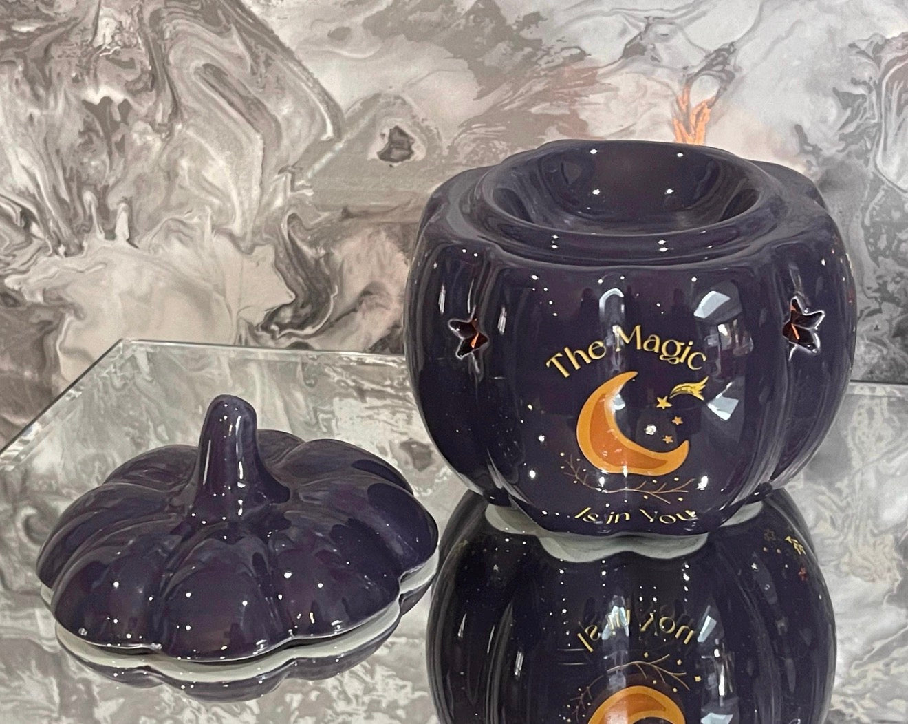 Ceramic Pumpkin Oil Burner – Moon & Stars Halloween Wax Melt Burner, Celestial Autumn Home Decor