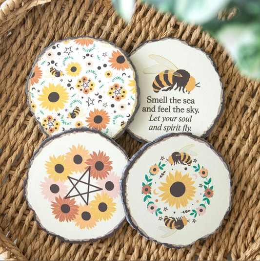 Set of Four Wooden Log Slice Effect Summer Solstice Drink Coasters