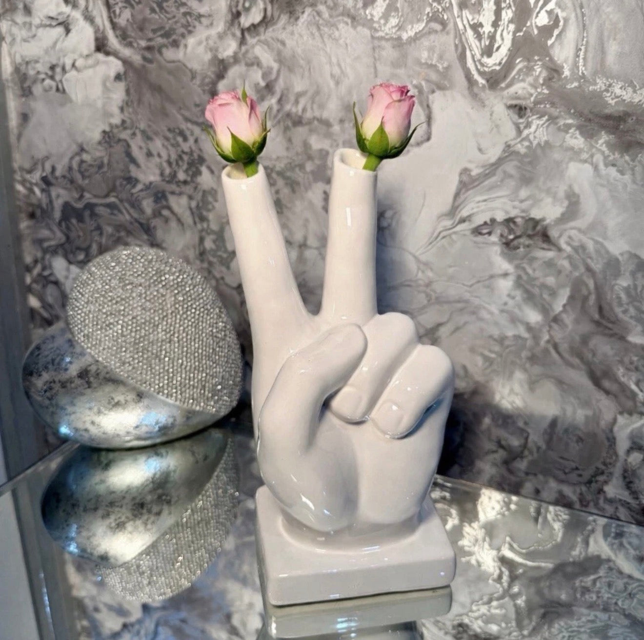 White Ceramic Peace Hand Vase Double Stem Bud Vase Modern Home Decor