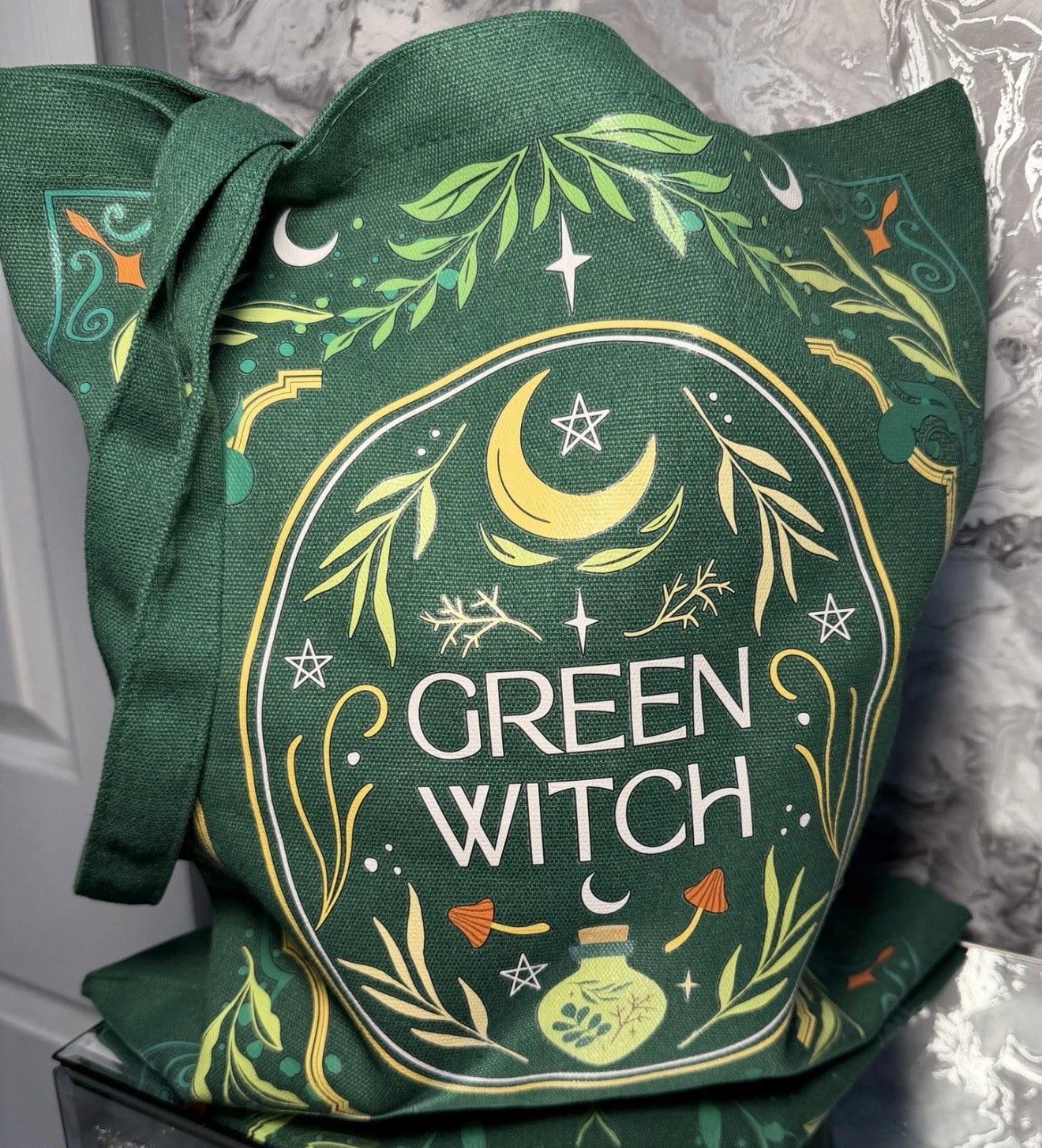 Green Witch Tote Bag Botanical Pagan Wiccan Reusable Canvas Shopping Bag Gift