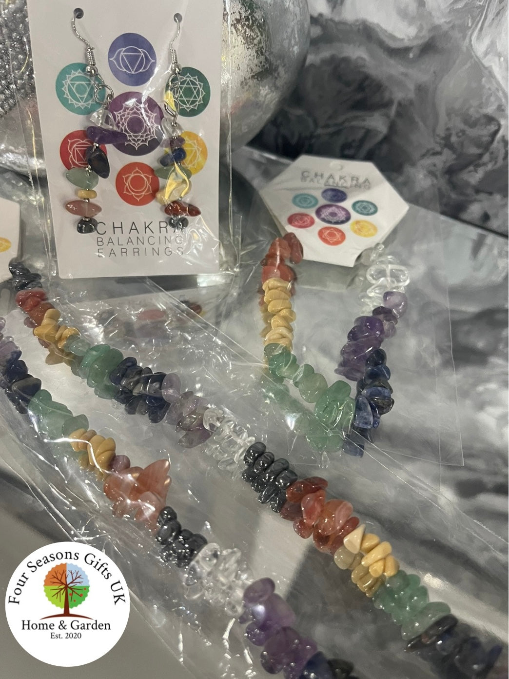 Chakra Crystal Chip Jewellery Set, Necklace, Earrings & Bracelet.