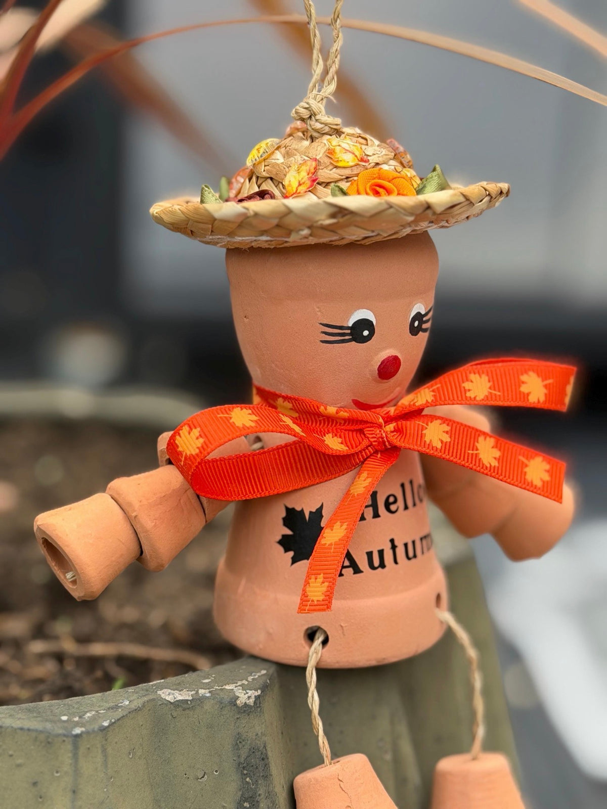 Hello Autumn Pot Person, Autumn Garden Ornament, Flowerpot Lady, Fall Garden Decor, Seasonal Gift for Gardener