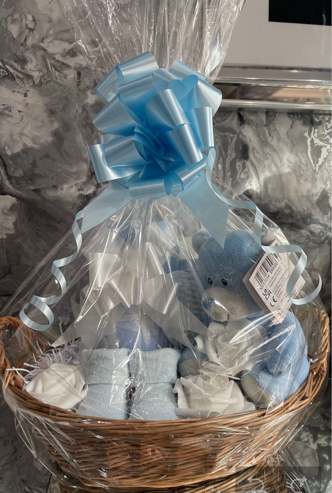 Plush Teddy Bear Baby Hamper Basket Gift Set - Silver, Beige, Pink or Blue.