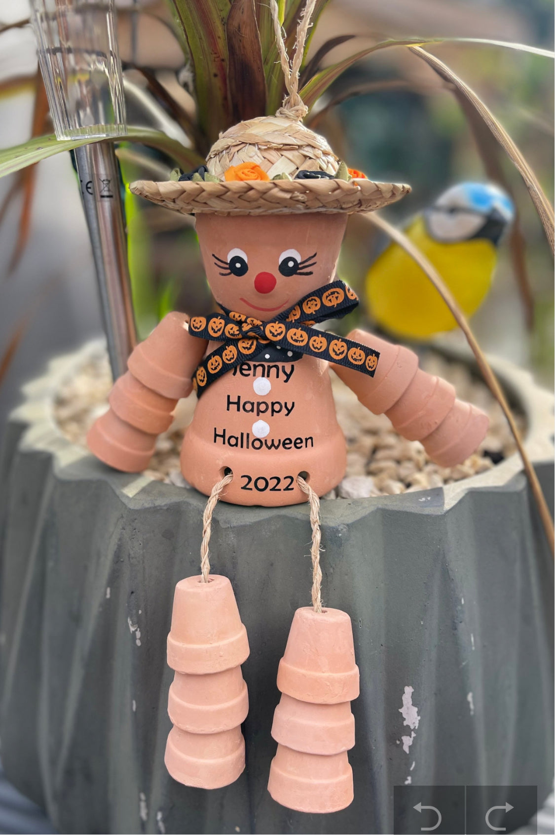 Personalised Terracotta Halloween Theme Plant Pot People Man or Lady Includes Ribbon Of Choice