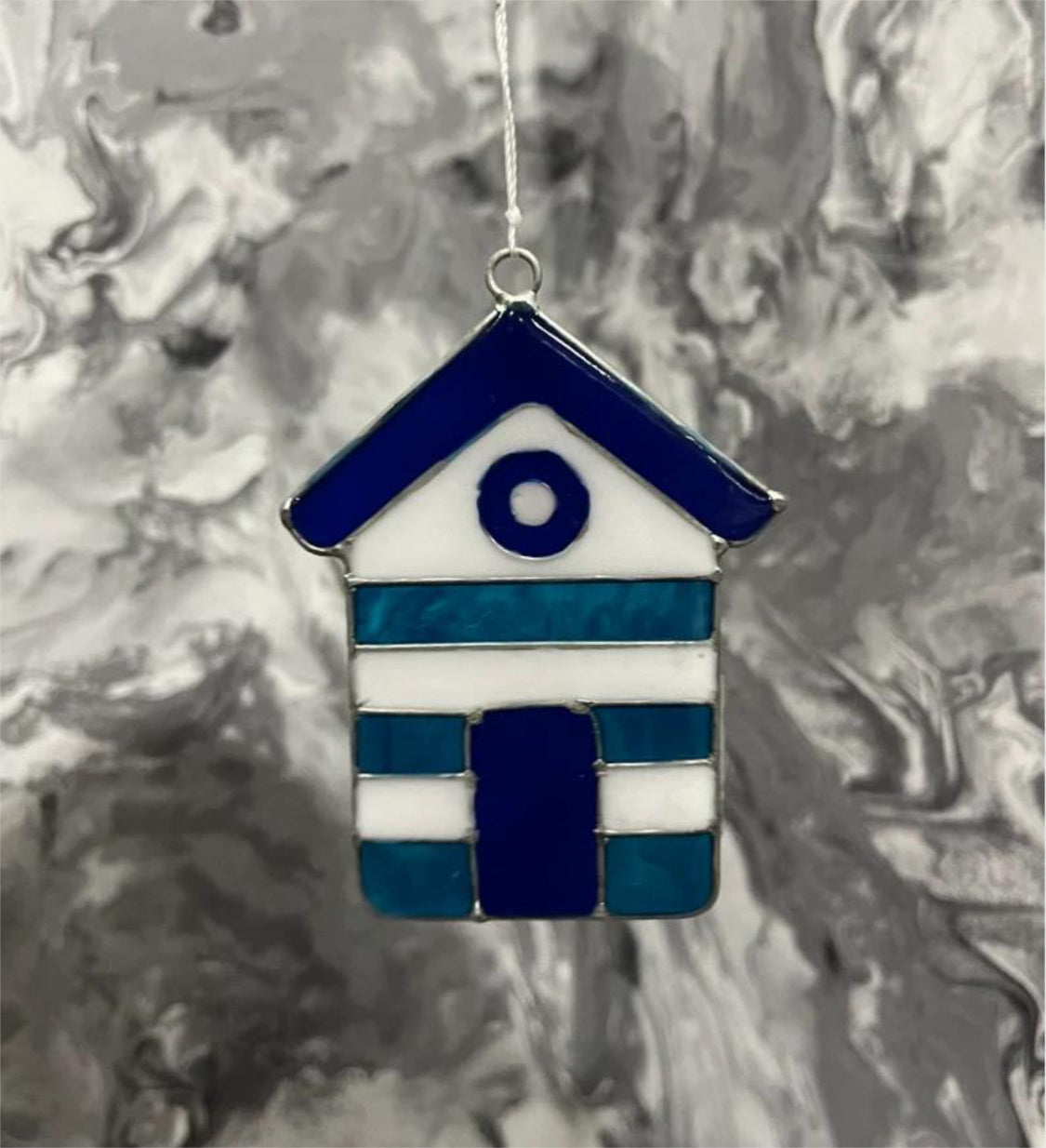 Seaside Coastal Blue Striped Beach Hut Suncatcher Wind Spinner Light Catcher Window or Garden Hanging decoration