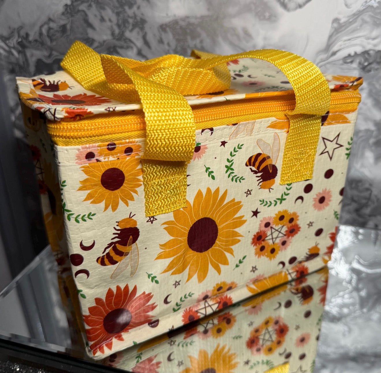 Sunflower & Bee Insulated Lunch Bag Made from Recycled Plastic | Reusable Lunch Tote | Eco Friendly Gift | Lunch Bag for Work School Picnics