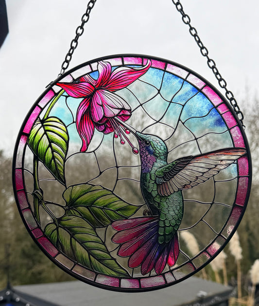 Hummingbird Suncatcher – Stained Glass Effect Hanging Window & Garden Decoration, Colourful Bird Sun Catcher Gardeners Gift