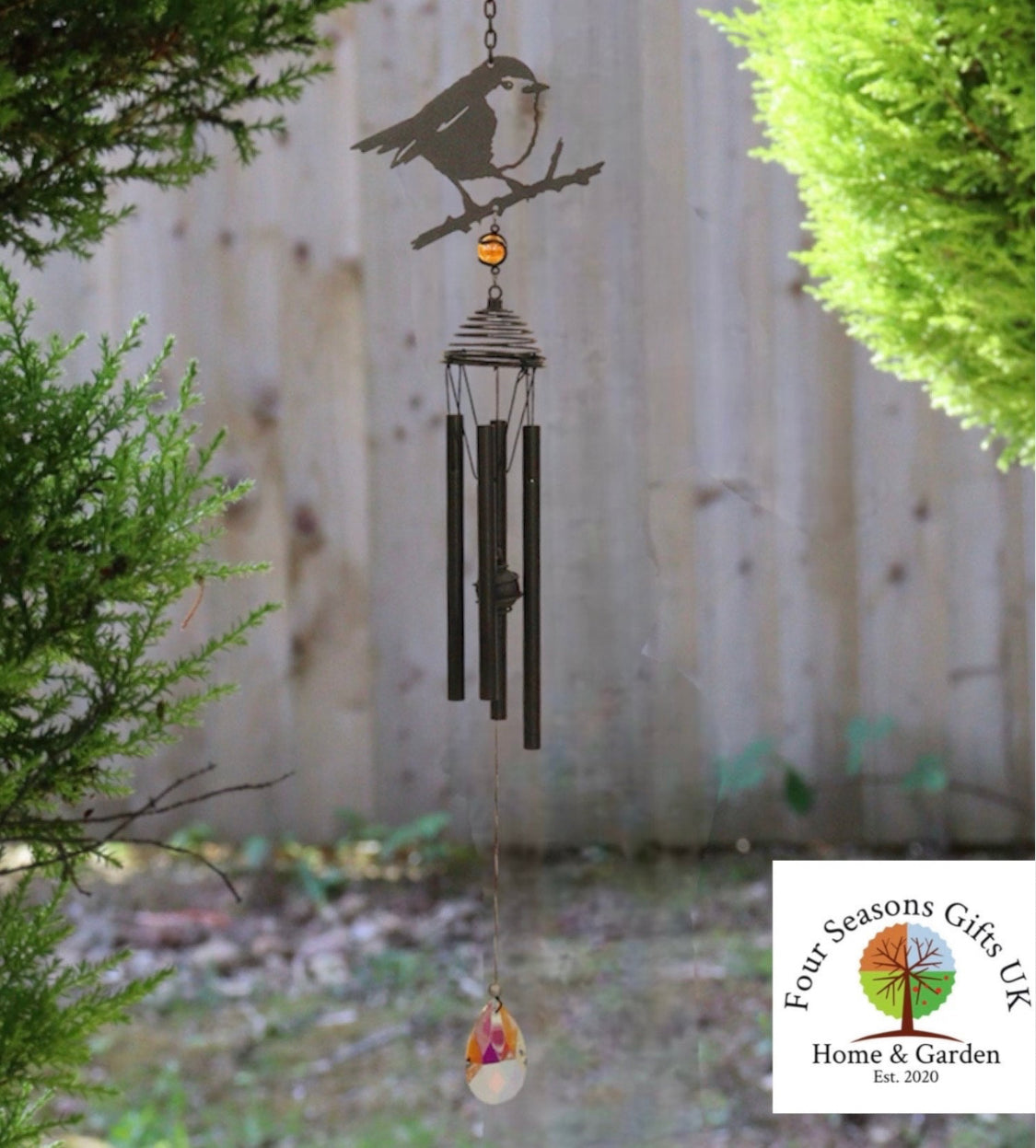 Beautiful Robin Bird Silhouette Design Windchime With Crystal Effect Dropper