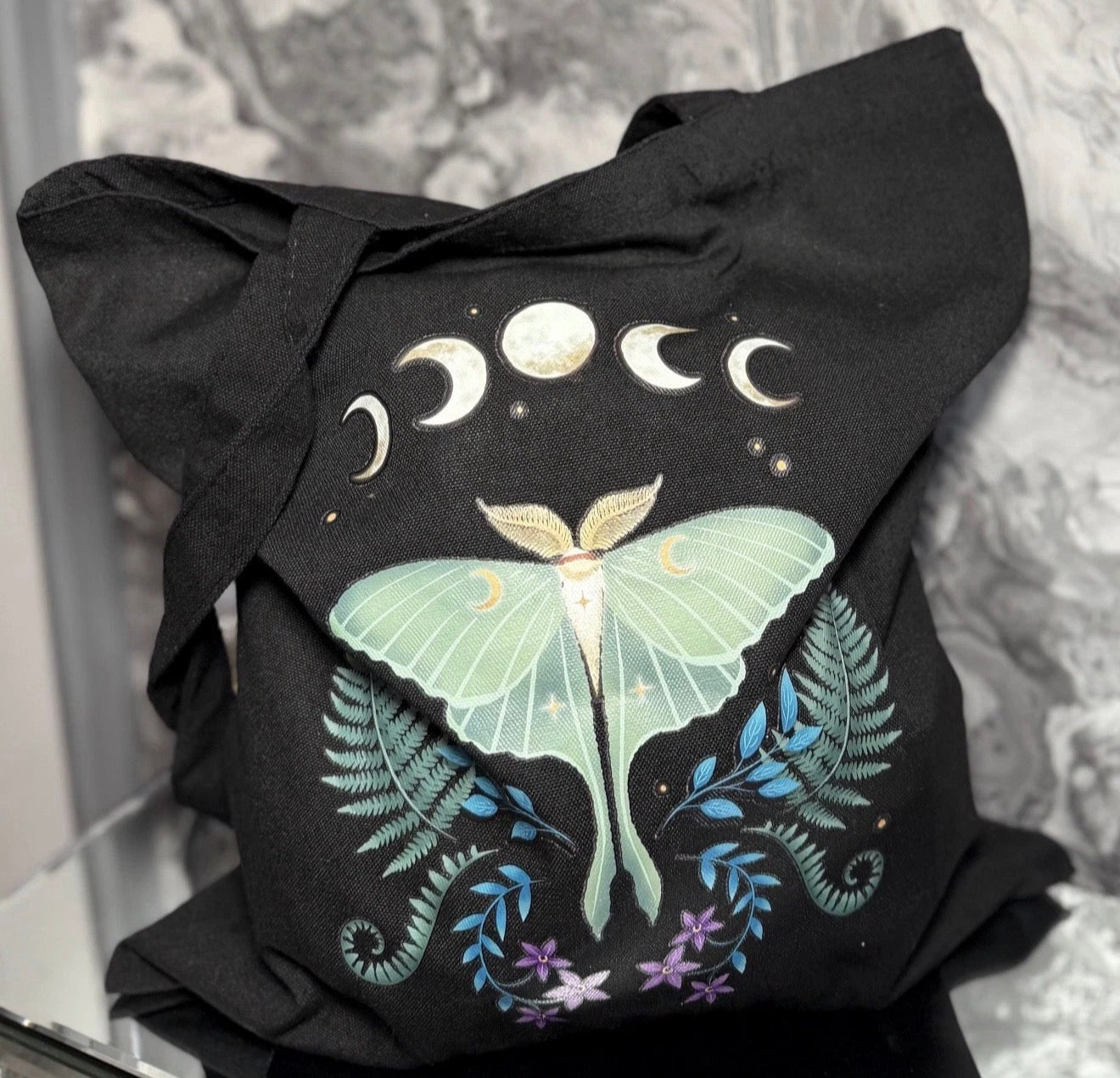 Luna Moth Moon Phase Tote Canvas Shopping Bag Gothic Botanical Eco Reusable Gift