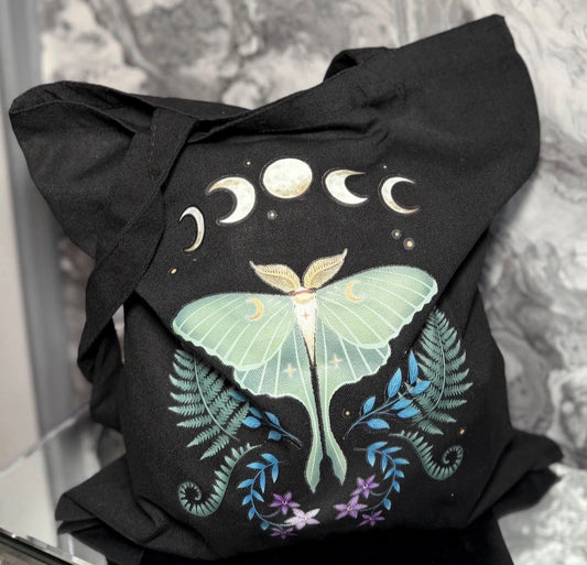 Luna Moth Moon Phase Tote Canvas Shopping Bag Gothic Botanical Eco Reusable Gift