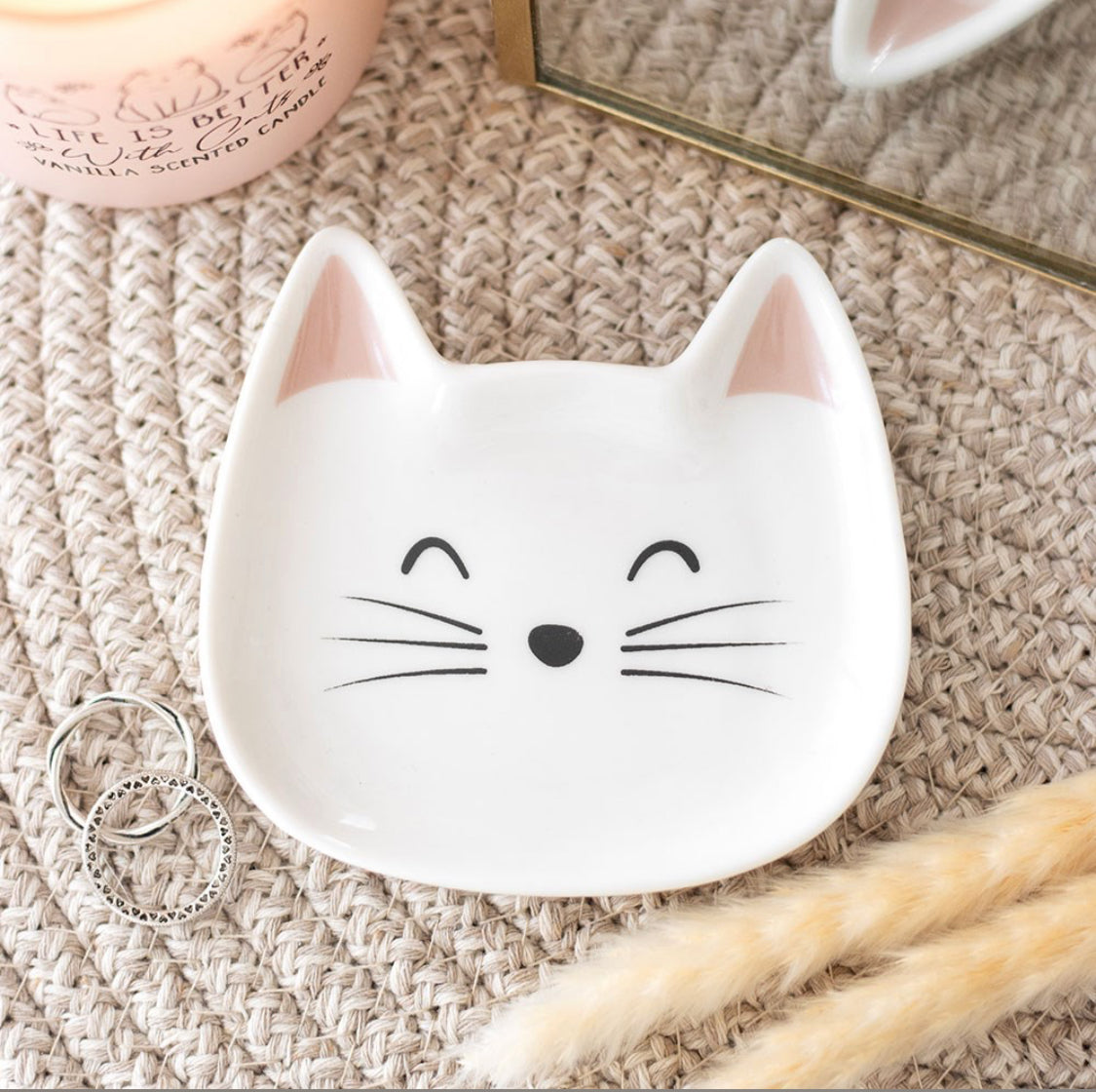 White Ceramic Cat Ring Holder Dish – Jewellery Trinket Tray Gift