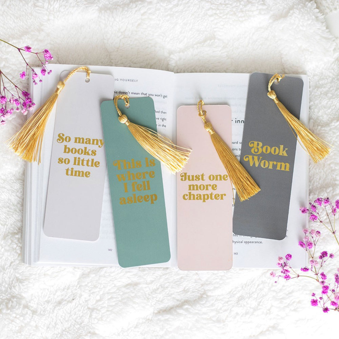 Book Lover Quote Bookmark with Gold Tassel | Funny Reading Gift | Bookworm Stationery | Just One More Chapter, So Many Books