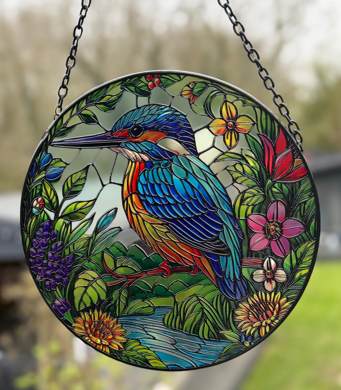 Kingfisher Suncatcher – Stained Glass Effect Hanging Window & Garden Decoration, Colourful Bird Sun Catcher Gardeners Gift