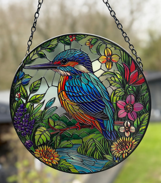 Kingfisher Suncatcher – Stained Glass Effect Hanging Window & Garden Decoration, Colourful Bird Sun Catcher Gardeners Gift