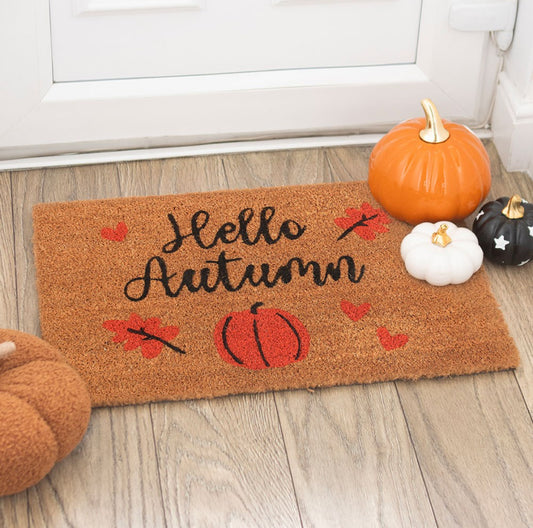 Hello Autumn Leaf Pumpkin Heart Natural Coir Non Slip Welcome Doormat Decor Gift