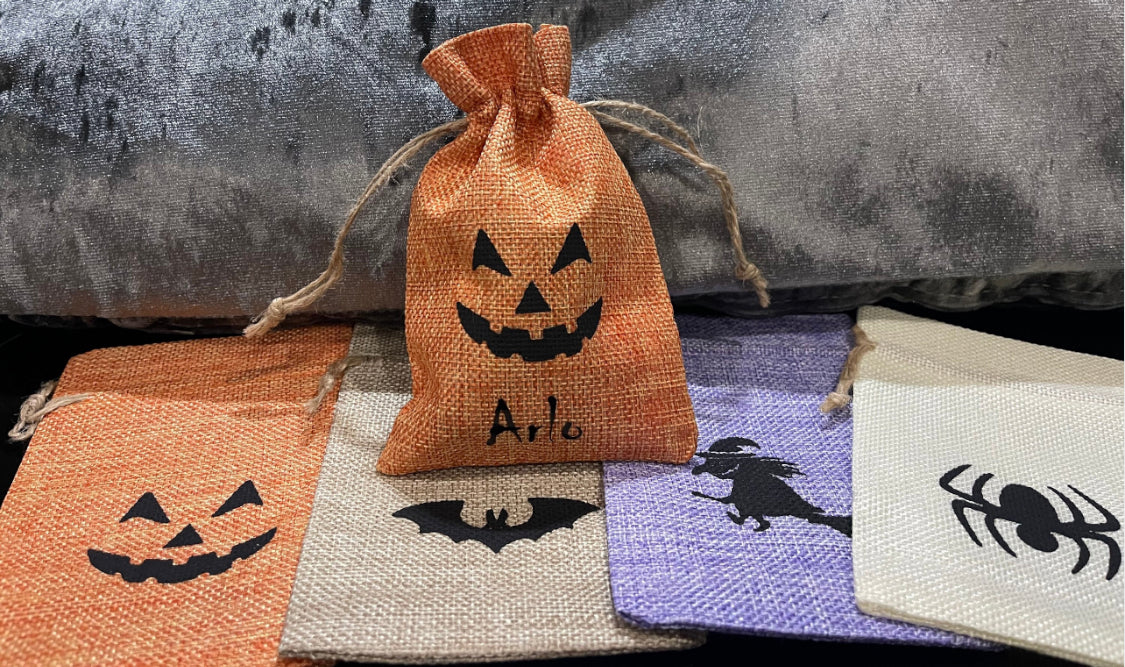 Halloween Personalised Jute Mini Sweet Treat Candy Bags.  Ideal Table Favours,  Party Bag Filler Gifts, Pumpkin Witch Spider or Bat Designs