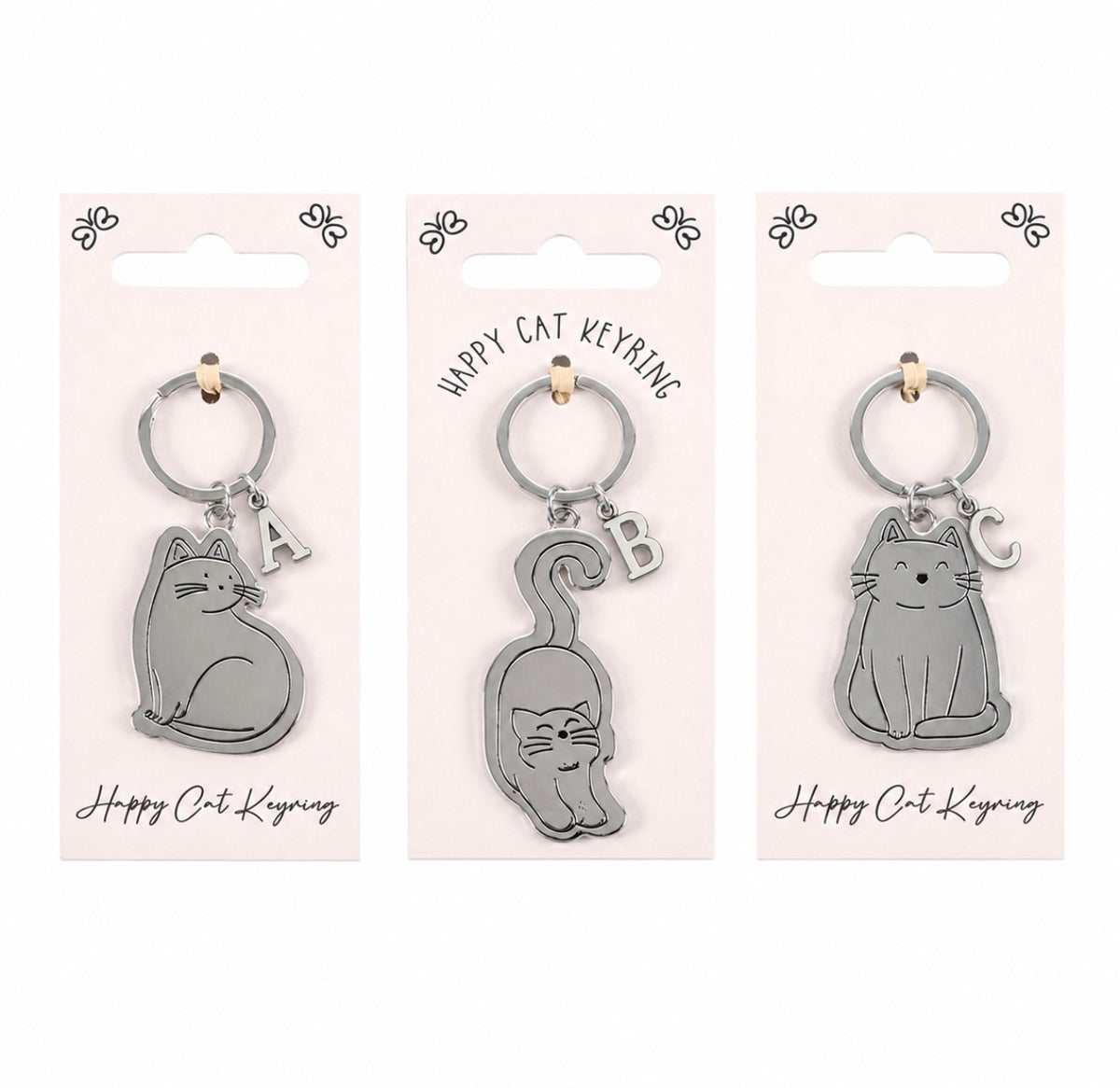 Personalised Cat Keyring – Silver Initial Charm, 3 Cat Designs