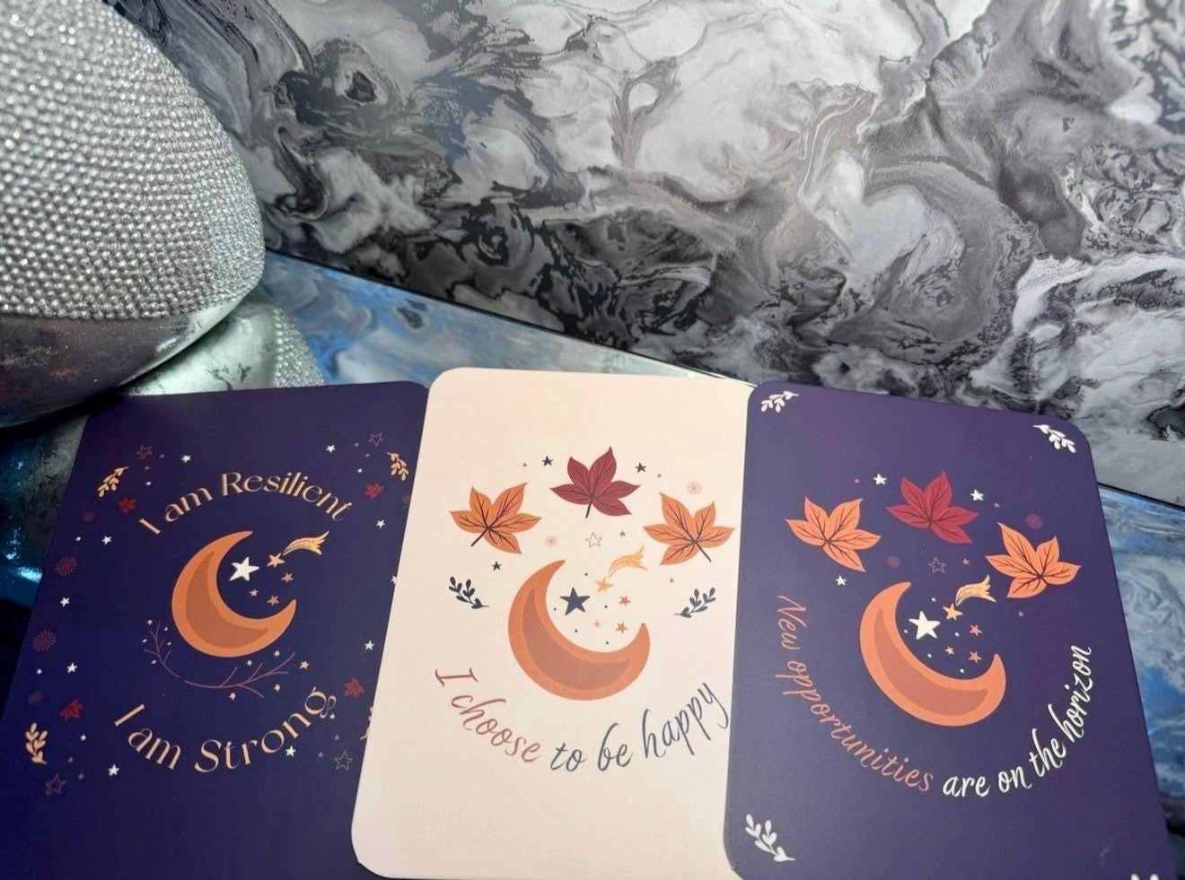Autumn Affirmation Cards with Wooden Stand | Positive Daily Affirmations | Fall Self Care & Mindfulness Gift | Celestial Seasonal Decor