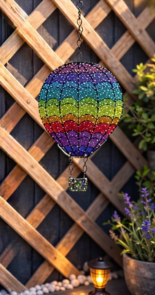 Rainbow Hot Air Balloon Suncatcher – Stained Glass Effect Hanging Window Decoration | Colourful Garden & Home Ornament Gift