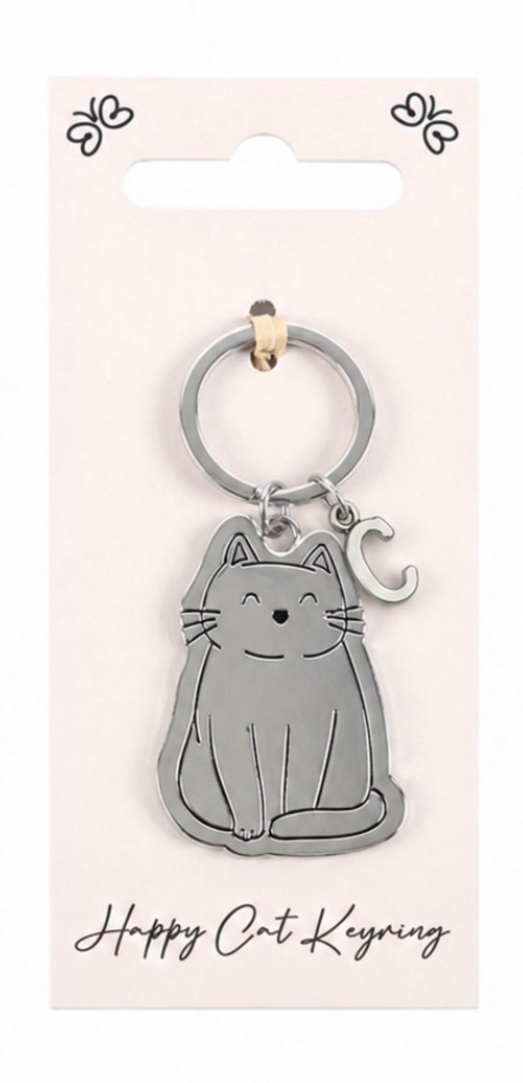 Personalised Cat Keyring – Silver Initial Charm, 3 Cat Designs