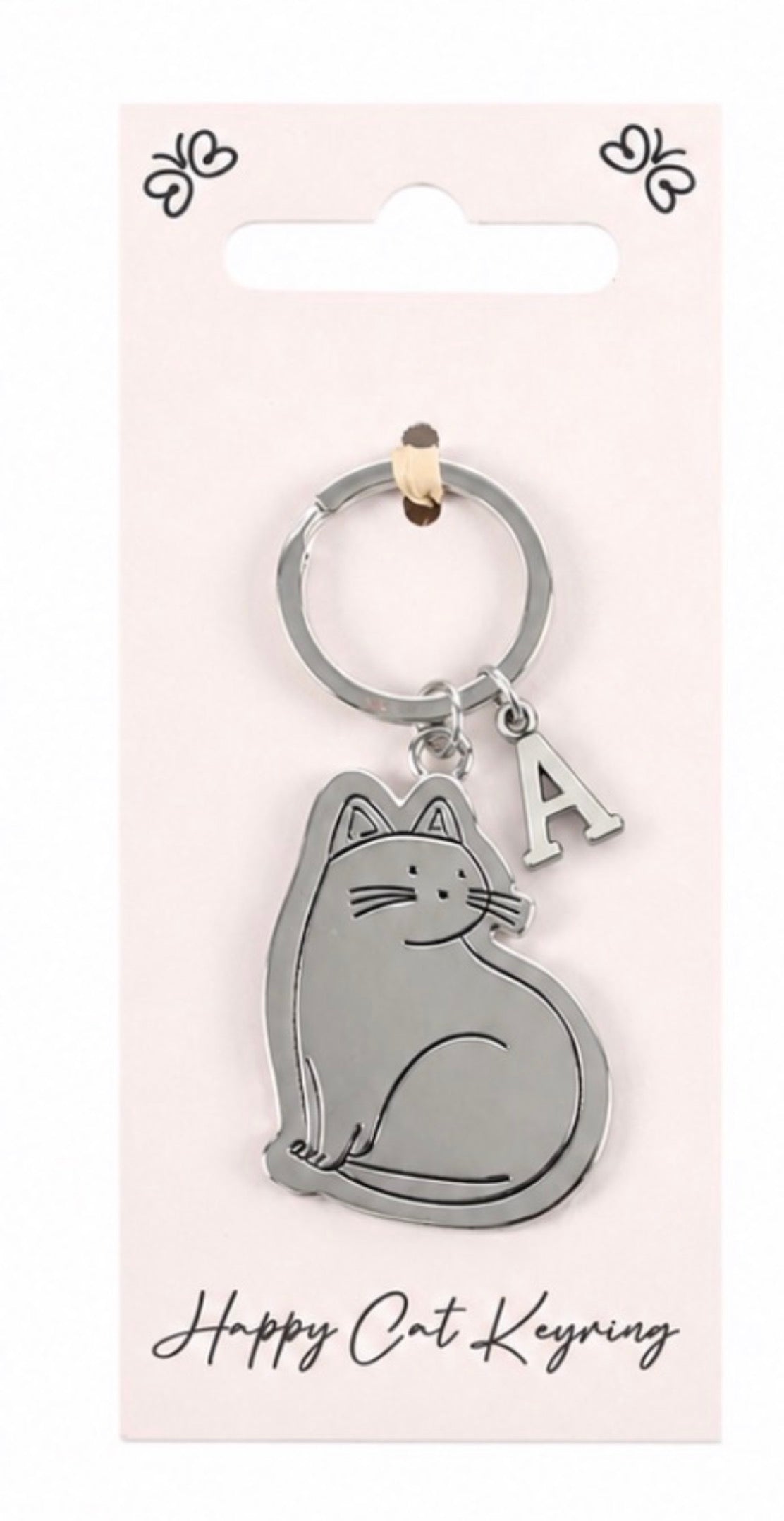 Personalised Cat Keyring – Silver Initial Charm, 3 Cat Designs