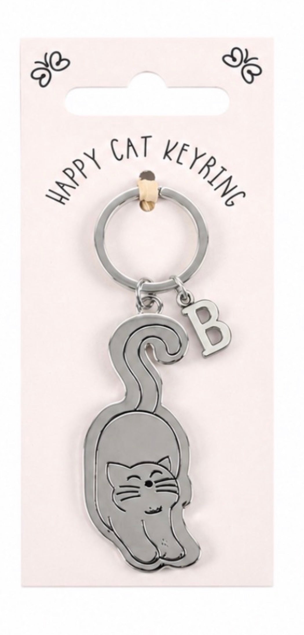 Personalised Cat Keyring – Silver Initial Charm, 3 Cat Designs