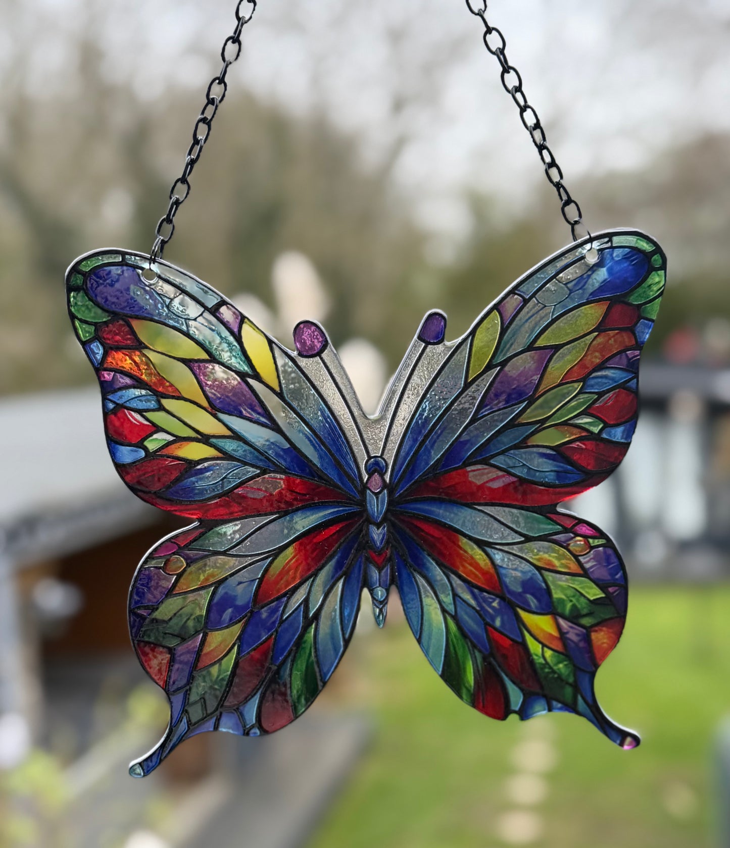 Rainbow Butterfly Suncatcher – Stained Glass Effect Hanging Window Decoration | Colourful Garden Ornament Gift