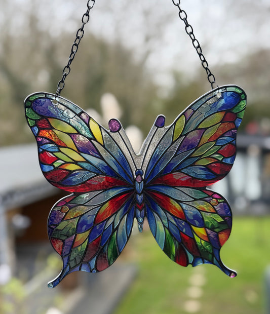Rainbow Butterfly Suncatcher – Stained Glass Effect Hanging Window Decoration | Colourful Garden Ornament Gift
