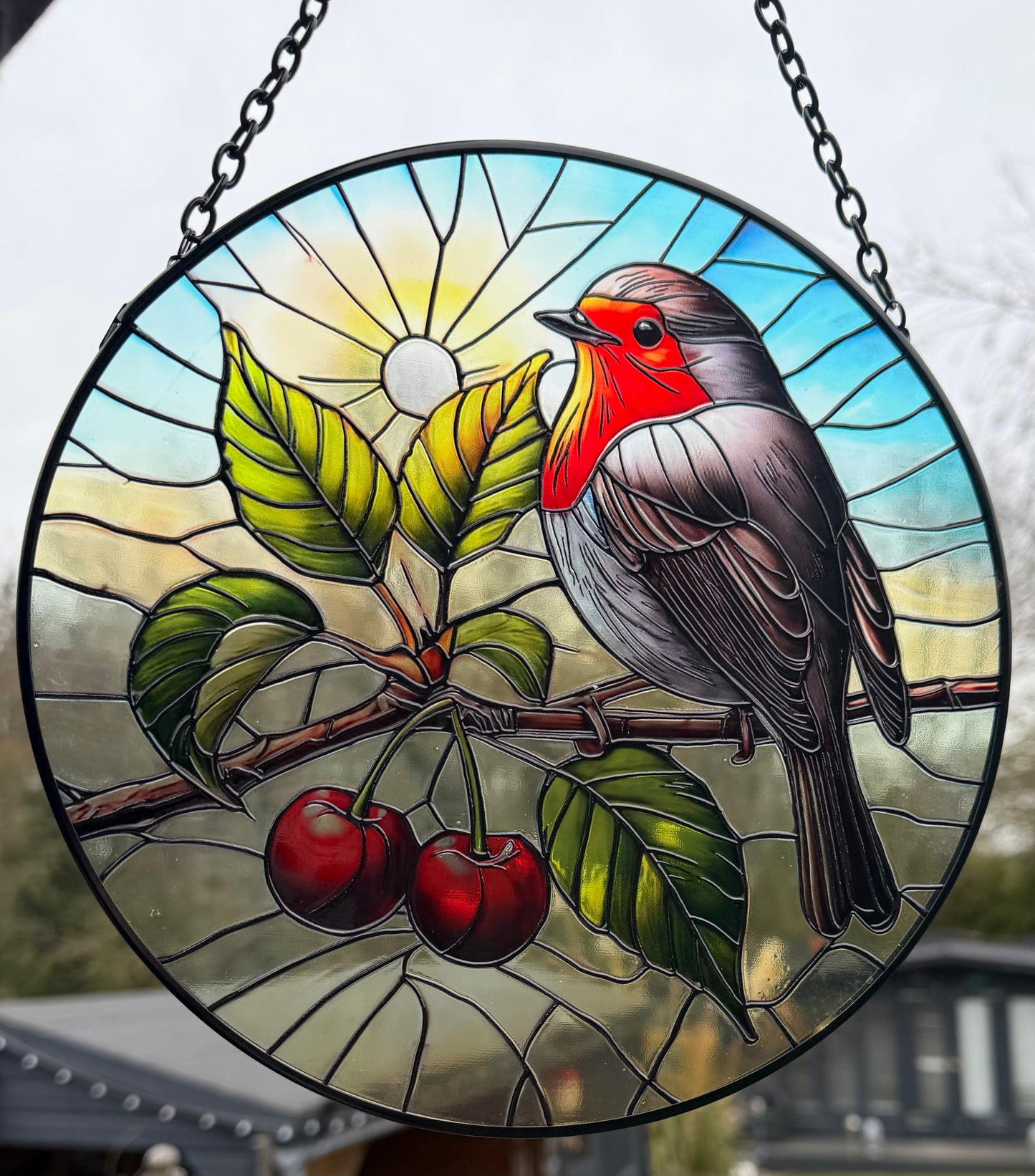 Robin Bird Stained Glass Effect Orbit Hanging Sun-catcher Wind Spinner Garden Ornament