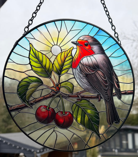 Robin Bird Stained Glass Effect Orbit Hanging Sun-catcher Wind Spinner Garden Ornament