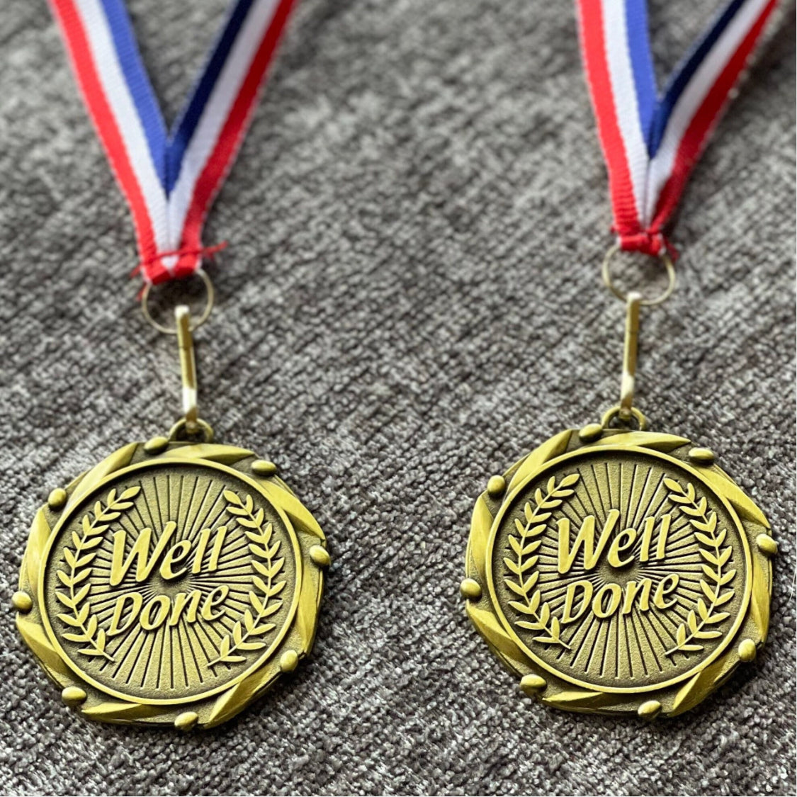 Well Done Gold Medals & Red, White & Blue Lanyards. Achievement Awards, Party Favours Single Medals & Multi Packs