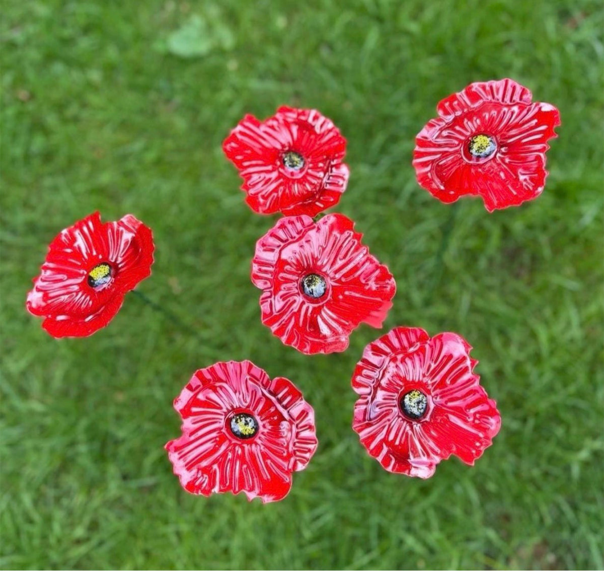 Set of 6 Red Metal Poppy Garden Stakes
